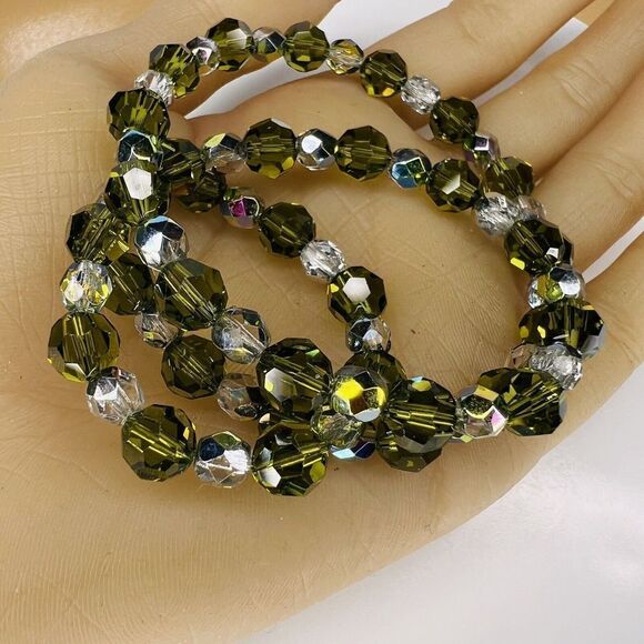 Vintage Art Glass Necklace Crystal Olive Green Clear AB Sterling Silver 4722 - Picture 8 of 13